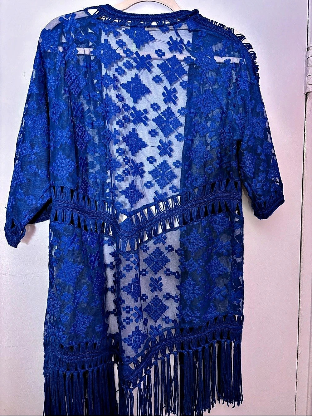 Chico's Blue Lace Fringe Open-Front Tunic Size 1 Like New